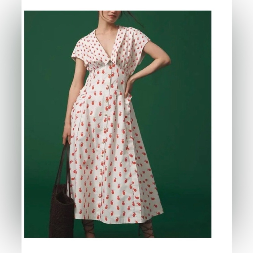 Anthropologie Short Sleeve V Neck Midi Dress Women large Pineapple Retro Vintage